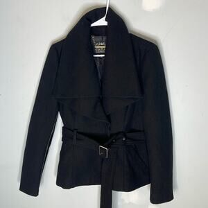 BLANC NOIR Black Wool Blend Belted Faux Leather Detail Button Front Coat Medium